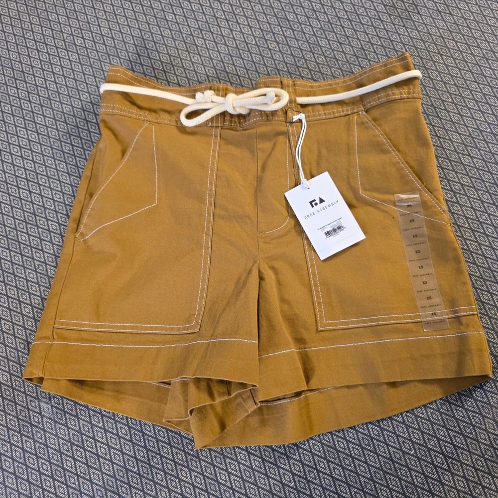 Free Assembly Womens West Utility Shorts Mustard Brown Rope Drawstring XS NWT